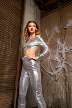 Load image into Gallery viewer, Metallic Small Scales Print Long Sleeve Off-the-shoulder Cropped Top And High Waist Slim Fit Legging Set
