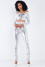 Load image into Gallery viewer, Metallic Small Scales Print Long Sleeve Off-the-shoulder Cropped Top And High Waist Slim Fit Legging Set
