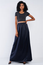 Load image into Gallery viewer, Solid Navy Blue Satin High Waist Flowing Maxi Skirt
