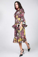 Load image into Gallery viewer, Cascade Ruffle Sleeve Frill Tiered Bottom Print Midi Dress
