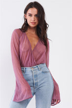 Load image into Gallery viewer, Long Flare Sleeve Deep Plunge V-neck Crushed Fabric Bodysuit
