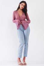 Load image into Gallery viewer, Long Flare Sleeve Deep Plunge V-neck Crushed Fabric Bodysuit
