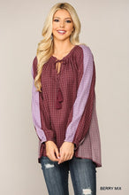 Load image into Gallery viewer, Textured Color Mixed Tassel Tie Peasant Top With Reverse Stitch Detail
