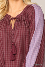 Load image into Gallery viewer, Textured Color Mixed Tassel Tie Peasant Top With Reverse Stitch Detail
