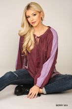 Load image into Gallery viewer, Textured Color Mixed Tassel Tie Peasant Top With Reverse Stitch Detail
