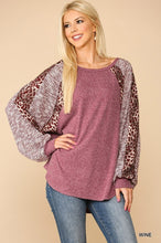 Load image into Gallery viewer, Textured Knit And Animal Print Mixed Dolman Sleeve Top
