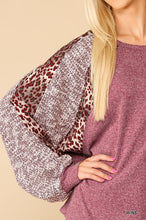 Load image into Gallery viewer, Textured Knit And Animal Print Mixed Dolman Sleeve Top
