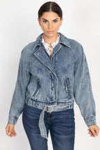 Load image into Gallery viewer, Ribbed Hem Belted Denim Jacket
