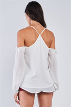 Load image into Gallery viewer, Ariana White Relaxed Fit V-neck Off-the-shoulder Long Sleeve Ruffle Hem Razor Back Top
