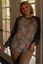 Load image into Gallery viewer, Plus Size Khaki &amp; Charcoal Leopard Print Long Sleeve Relaxed Top
