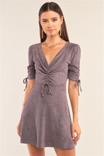 Load image into Gallery viewer, Charcoal Grey Suede Deep Plunge V-neck Gathered Detail Tight Fit Mini Dress
