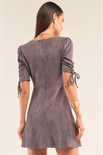 Load image into Gallery viewer, Charcoal Grey Suede Deep Plunge V-neck Gathered Detail Tight Fit Mini Dress
