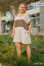 Load image into Gallery viewer, Linen Blend Short Folded Sleeve Animal Print Colorblocked V-neck Dress With Pockets
