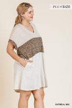 Load image into Gallery viewer, Linen Blend Short Folded Sleeve Animal Print Colorblocked V-neck Dress With Pockets
