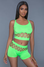 Load image into Gallery viewer, 2 pc silk fishnet set that includes a tank crop top with criss-cross cami straps and a pair of high waisted booty shorts.

