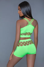 Load image into Gallery viewer, 2 pc silk fishnet set that includes a tank crop top with criss-cross cami straps and a pair of high waisted booty shorts.
