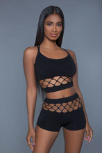 Load image into Gallery viewer, 2 pc silk fishnet set that includes a tank crop top with criss-cross cami straps and a pair of high waisted booty shorts

