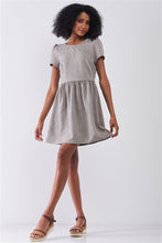 Load image into Gallery viewer, Silver Grey Floral Embroidery Round Neck Short Sleeve Mini Dress
