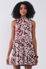 Load image into Gallery viewer, Burgundy &amp; White Floral Crew Neck Sleeveless Fitted Mini Dress
