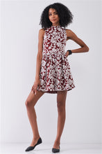 Load image into Gallery viewer, Burgundy &amp; White Floral Crew Neck Sleeveless Fitted Mini Dress
