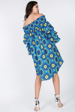 Load image into Gallery viewer, Puffy Ruffle Sleeve Smocking Off Shoulder Print Midi Dress
