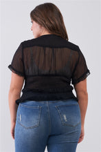 Load image into Gallery viewer, Plus Short Sleeve U-neck With Self-tie Detail Frill Smocked Sheer Top
