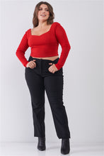Load image into Gallery viewer, Plus Size Crimson Red Long Mesh Sleeve Sweetheart Neck Detail Structured Crop Top
