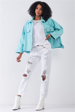 Load image into Gallery viewer, Washed Distressed Button-down Front Raw Hem Detail Wide Sleeve Oversized Denim Jacket
