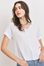 Load image into Gallery viewer, Waffle Raw Edge V-neck Rolled Up Short Sleeves Top
