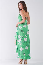 Load image into Gallery viewer, Satin Floral Print Sleeveless V-neck Self-tie Back Ruffle Trim Side Slit Detail Maxi Dress
