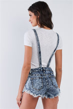 Load image into Gallery viewer, Denim Acid Washed Fringed Mini Short Overall
