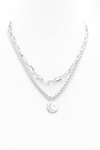2 Layered Metal Chain Round Pendant Necklace