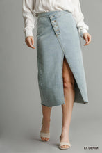 Load image into Gallery viewer, Asymmetrical Waist And Button Up Front Split Denim Skirt With Back Pockets And Unfinished Hem
