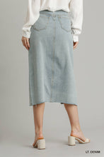 Load image into Gallery viewer, Asymmetrical Waist And Button Up Front Split Denim Skirt With Back Pockets And Unfinished Hem
