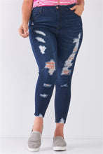 Load image into Gallery viewer, Plus Size Denim Mid-rise Raw Hem Detail Ripped Skinny Jean Pants
