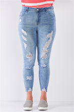 Load image into Gallery viewer, Plus Size Denim Mid-rise Raw Hem Detail Ripped Skinny Jean Pants
