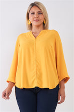 Load image into Gallery viewer, Plus Size Tuscan Sun Yellow V-neck Midi Sleeve Pleated Back Detail Relaxed Tunic Top
