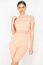 Load image into Gallery viewer, Stripe Mesh Mock Neck Biker Romper
