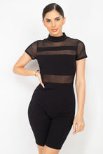 Load image into Gallery viewer, Stripe Mesh Mock Neck Biker Romper
