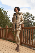 Load image into Gallery viewer, Vinyl Glossy Finish Fitted Faux Fur Hood Chevron Padded Puffer Jacket
