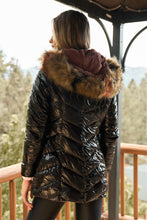 Load image into Gallery viewer, Black Vinyl Glossy Finish Fitted Faux Fur Hood Chevron Padded Puffer Jacket
