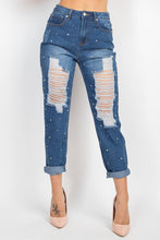 Load image into Gallery viewer, Rhinestones Ripped-front Denim Jeans
