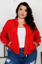 Load image into Gallery viewer, Plus Size Red &amp; White Retro Le Mans Stripe Trim Sporty Windbreaker Bomber Jacket
