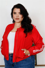 Load image into Gallery viewer, Plus Size Red &amp; White Retro Le Mans Stripe Trim Sporty Windbreaker Bomber Jacket
