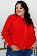 Load image into Gallery viewer, Plus Size Red &amp; White Retro Le Mans Stripe Trim Sporty Windbreaker Bomber Jacket
