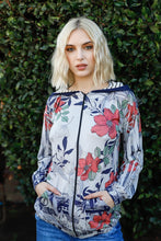 Load image into Gallery viewer, Navy Rust Flower Print Zip-up Contrast Striped Hood Sweater
