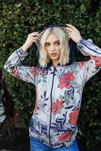 Load image into Gallery viewer, Navy Rust Flower Print Zip-up Contrast Striped Hood Sweater
