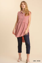 Load image into Gallery viewer, Linen Blend Sleeveless  Button Front Tunic With Frayed Round Hems
