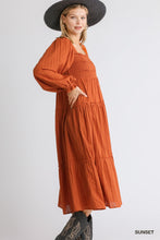 Load image into Gallery viewer, Ruffle Cuffed Long Sleeve Square Neckline Smocked Peasant Midi Dress
