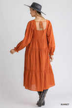 Load image into Gallery viewer, Ruffle Cuffed Long Sleeve Square Neckline Smocked Peasant Midi Dress
